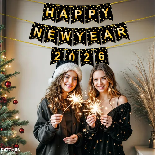 Miniatura 4 de KatchOn, Banner de Feliz Año Nuevo 2026 - Sin bricolaje, 10 pies Telón de fondo de Feliz Año Nuevo para suministros de fiesta de Nochevieja