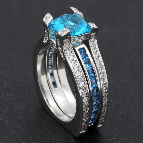 Miniatura 5 de UFOORO Juego de anillos de boda de cristal azul cielo para mujer, chapado en platino