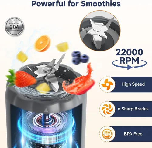 Miniatura 2 de COKUNST Licuadora Portátil de 17 Oz para Batidos y Smoothies, Licuadoras de Smoothies Recargables por USB con 6 Cuchillas, Mini Mezcladora Licuadora