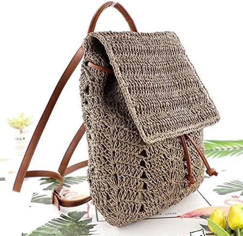Miniatura 2 de Mochila tejida hecha a mano de paja mediana para mujer, con solapa, con cordón, bolsa de playa, Gris, Mochilas Daypack