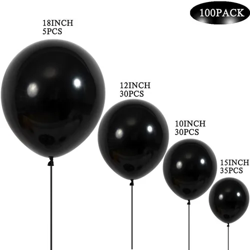Miniatura 3 de DECGOL Globo negro de 100 globos de látex negros de diferentes tamaños de 18, 12, 10 y 5 pulgadas, kit de globos de fiesta para arco de globos