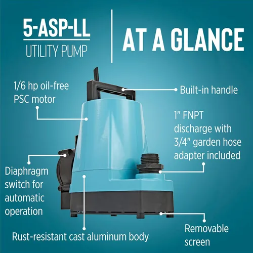 Miniatura 4 de Little Giant 5-ASP-LL Bomba de Utilidad de Aluminio Automática de 115 Voltios, 1/6 HP, 1500 GPH con Interruptor de Diafragma Piggy-back de Bajo