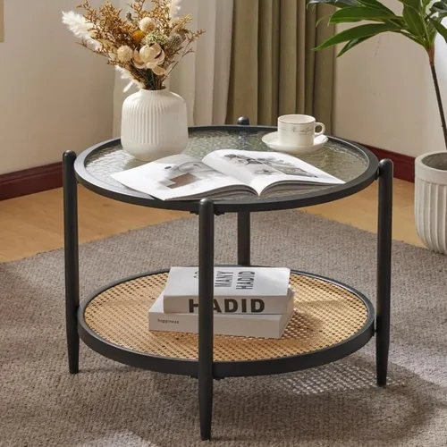 Miniatura 26 de VINGLI Mesa de Centro de Cristal, Mesa de Centro Redonda de 25.6" Dorado Champán para Sala de Estar, Mesa de Centro de Cristal de 2 Niveles con Oro