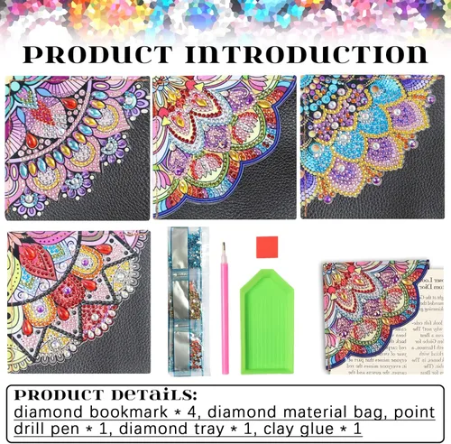 Miniatura 2 de Juego de 4 piezas de pintura de diamante, marcapáginas de mandala, de cuero, para manualidades, pintura de cristal con forma especial 5D por números