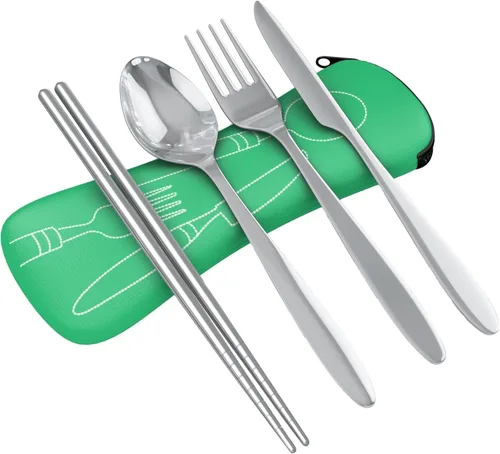 Miniatura 16 de Set de 4 unidades (cuchillo, tenedor, cuchara, palillos) para Viajes/Camping –Cubertería de acero inoxidable con funda de neopreno Juego de 4 piezas