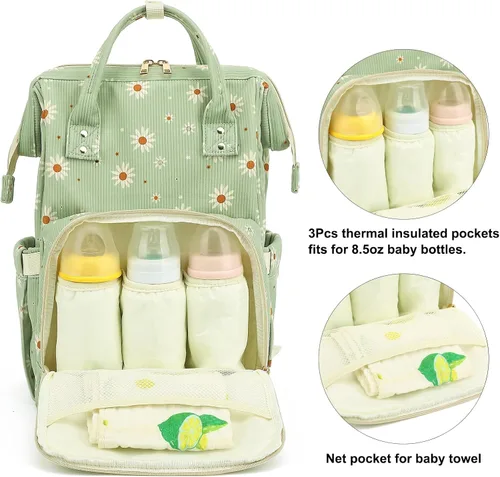 Miniatura 3 de Mochila de ante para pañales para bebés, niñas y niños, mujeres, grandes bolsas de pañales para mamá (Daisy de ante verde)