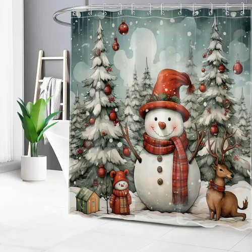 Miniatura 38 de EOBTAIN Cortina de ducha de hojas verdes de Navidad para baño, ramas de piña y abeto con bayas rojas sobre negro, cortina de ducha con 12 ganchos