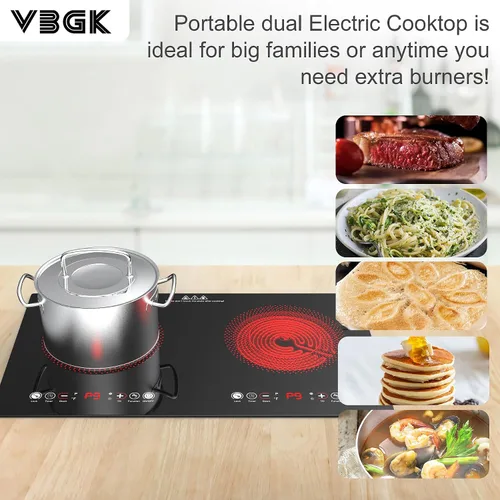 Miniatura 3 de VBGK Cocina eléctrica, 110 V, 24 pulgadas, 2 quemadores, estufa integrada y encimera, estufa de 2200 W, 9 niveles de potencia, bloqueo