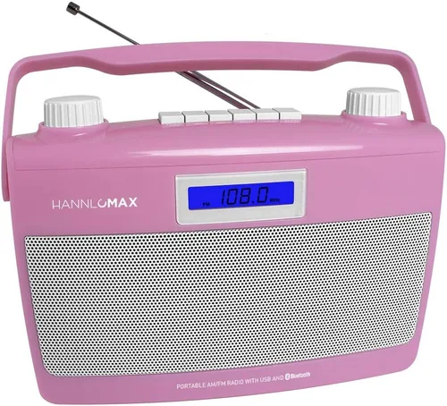 HANNLOMAX Radio AM/FM portátil HX-500R, Bluetooth, puerto USB para reproducción de MP3, entrada auxiliar, fuente de alimentación dual AC/DC. (rosa)