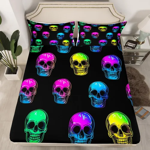 Miniatura 23 de Erosebridal Sábanas de calavera de azúcar, sábana bajera ajustable de Halloween, tamaño individual, ropa de cama de galaxia trippy morada, funda