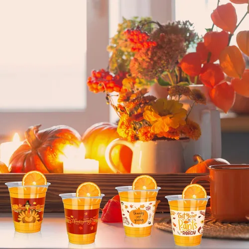 Miniatura 6 de Uiifan 60 Piezas Vasos Desechables de Acción de Gracias de 12 onzas Vasos de Plástico a Granel Vasos Transparentes de Pavo Calabaza de Otoño Vasos