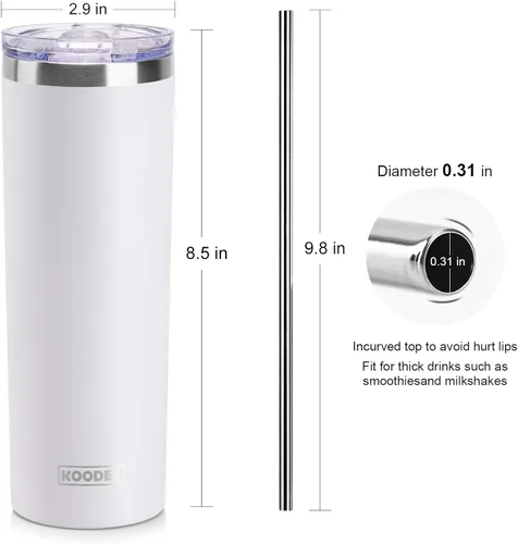 Miniatura 5 de koodee Vaso delgado de 20 onzas de acero inoxidable con aislamiento de doble pared para agua con pajilla, vaso delgado de viaje para Blanco