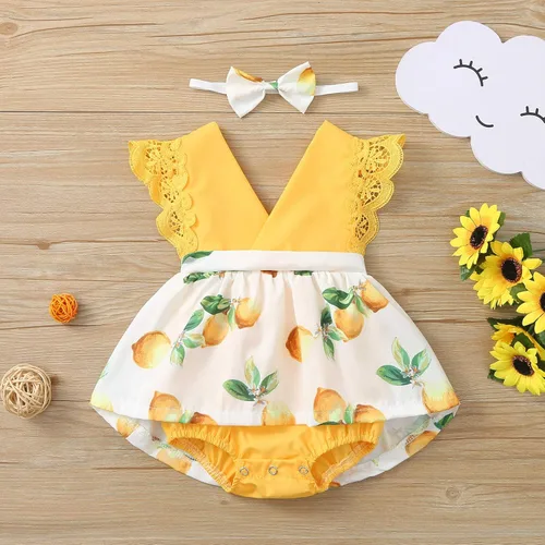 Miniatura 2 de Mameluco con estampado de manga mosca de encaje para niñas recién nacidas, conjunto de diadema para baile 2t (amarillo, 9-12 meses)