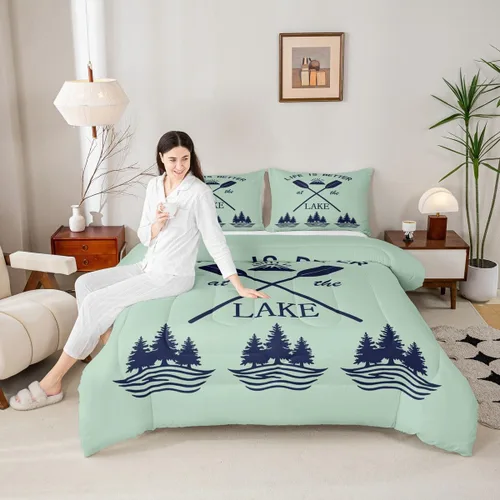 Miniatura 2 de Juego de edredón para cabaña y cabaña, juego de ropa de cama de pesca Life Is Better At The Lake, edredón de montaña y selva tropical, para niños
