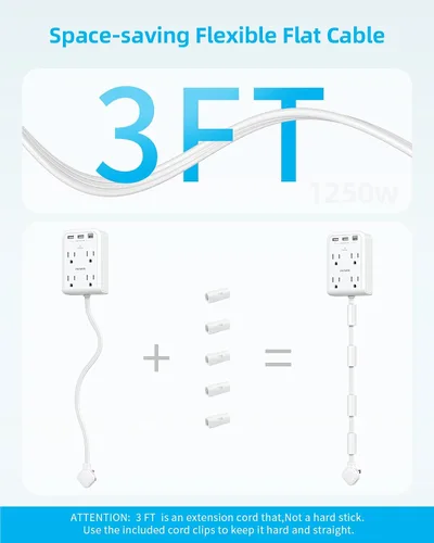Miniatura 5 de Extensor de tomacorriente eléctrico plano, Blanco