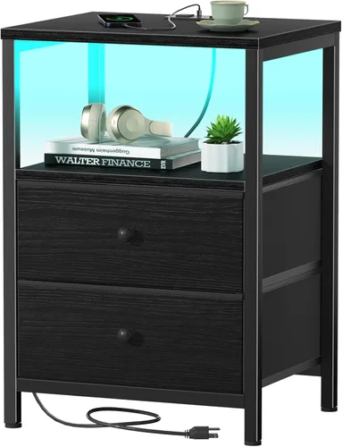 Miniatura 21 de BOLUO Cómoda alta con cajones, mesita de noche blanca con estación de carga y luz LED, cómoda pequeña de 4 cajones en blanco para dormitorio