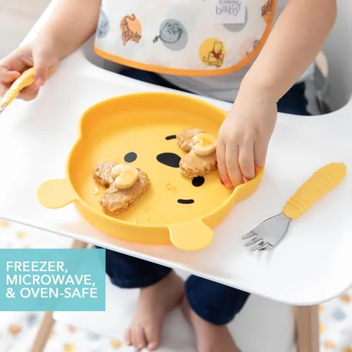 Miniatura 4 de Bumkins Disney Plato de Succión para Niños Pequeños y Bebés, Plato con Agarre de Silicona, Alimentación Dirigida por el Bebé, Suministros de Winnie