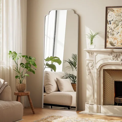Miniatura 2 de Espejo arqueado plateado de cuerpo entero de 21"x56", para colgar en la pared o de piso con marco de metal, espejo arqueado decorativo moderno