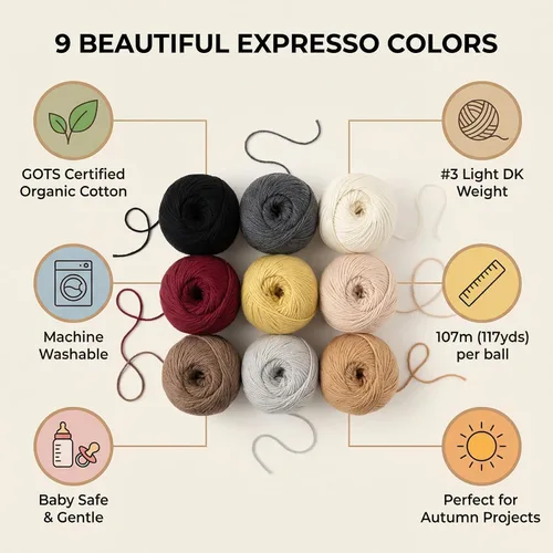Miniatura 2 de GOTS 100% hilo de algodón orgánico, juego de caja Expresso de 9 colores neutros, peso DK real, lavable a máquina, seguro para bebés, 3,159.4 ft