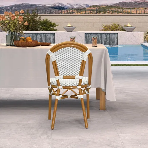 Miniatura 38 de PURPLE LEAF Juego de 1 silla de comedor al aire libre, marco de aluminio francés en acabado de bambú con ratán tejido ámbar y blanco para cocina
