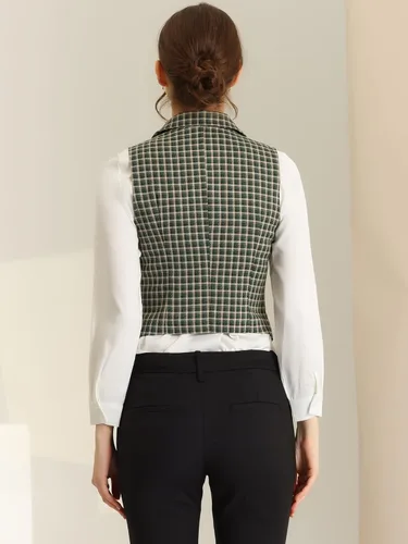 Miniatura 4 de Allegra K Chaleco a cuadros para mujer, cuello de solapa con muescas, chaleco vintage de un solo pecho