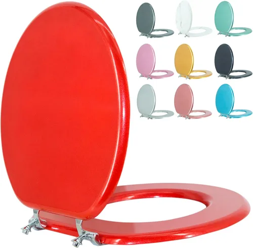 Miniatura 13 de Asiento de Inodoro Alargado de Madera Asiento de Inodoro Previene el Desplazamiento con Bisagras de Aleación de Zinc Tamaño Estándar Americano Rojo