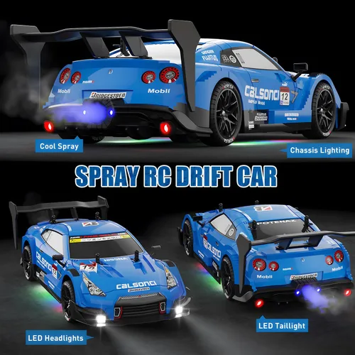 Miniatura 3 de 1:16 Spray RC Drift Car para niños 4WD 2.4GHz 40KM/H Auto de control remoto de alta velocidad con luces LED neumáticos de deriva y 2 baterías, Azul