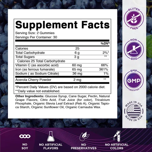 Miniatura 2 de Vitamatic Suplemento de gomitas de hierro de 65 mg para mujeres y hombres, 60 gomitas veganas, vitaminas de gomitas de hierro de gran sabor