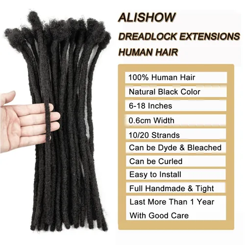 Miniatura 2 de Extensiones de rastas de cabello humano de 6 pulgadas de grosor, 10 hebras, extensiones de cabello humano real, negro natural para mujeres, hombres