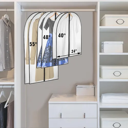 Miniatura 12 de Bolsas de ropa de 50 pulgadas para colgar ropa, fundas transparentes a prueba de trajes con refuerzos de 4 pulgadas para almacenamiento en armario