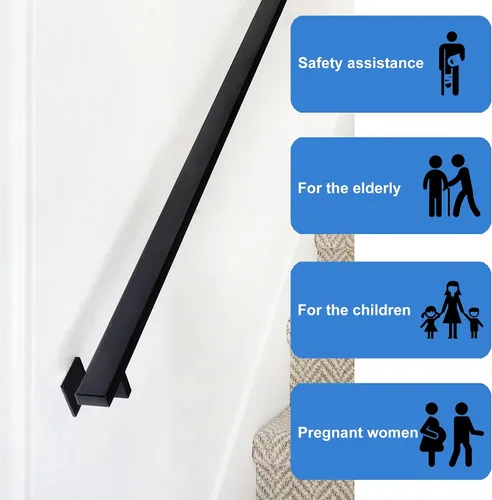 Miniatura 7 de RECTOO Barandilla moderna de 4 pies – Kit completo. Revestimiento de polvo negro de hierro galvanizado negro con 2 soportes de pared para escaleras