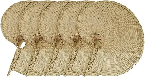 Miniatura 10 de Abanicos de mano de rafia de bambú natural, abanico de bambú de hoja de palmera, estilo chino, hecho a mano, diseño plegable tejido rústico
