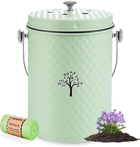 Miniatura 12 de AOSION Contenedor de compostaje para encimera de cocina, contenedor de compostaje interior inodoro con tapa y 50 bolsas de compost, contenedor