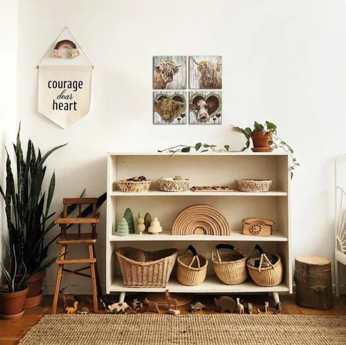 Miniatura 7 de YUEYARIT Lienzo decorativo para pared de vaca de las tierras altas Estilo vintage de granja, impresión decorativa, imagen en lienzo