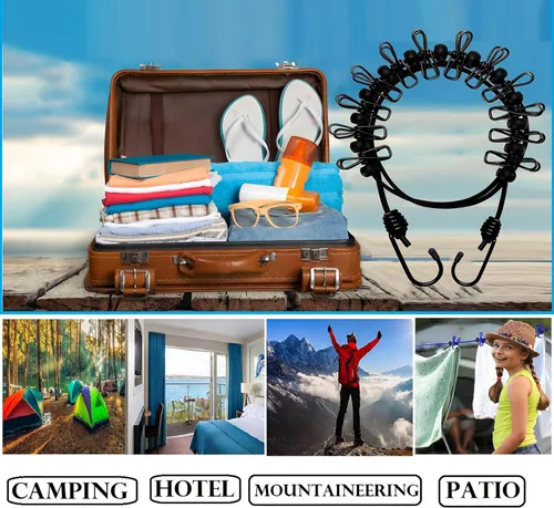 Miniatura 3 de 1 paquete de tendedero portátil con 12 pinzas para la ropa, tendedero de viaje elástico, retráctil, línea de ropa elástica para patio trasero, hotel