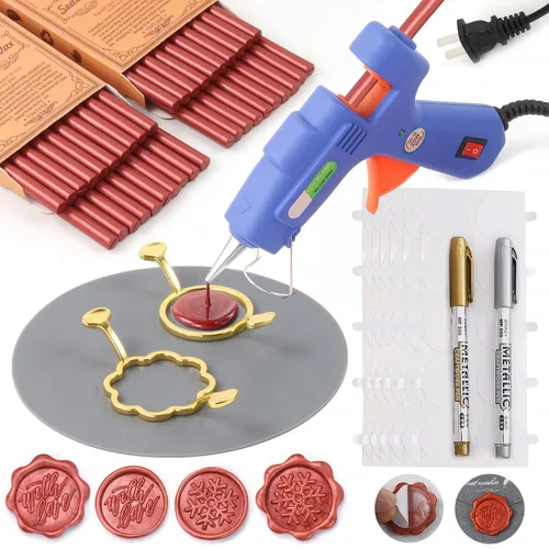 Miniatura 14 de Juego de sellos de cera, 40 varillas de cera de sellado de bronce con pistola de pegamento, moldes de sellado de cera, alfombrilla de silicona