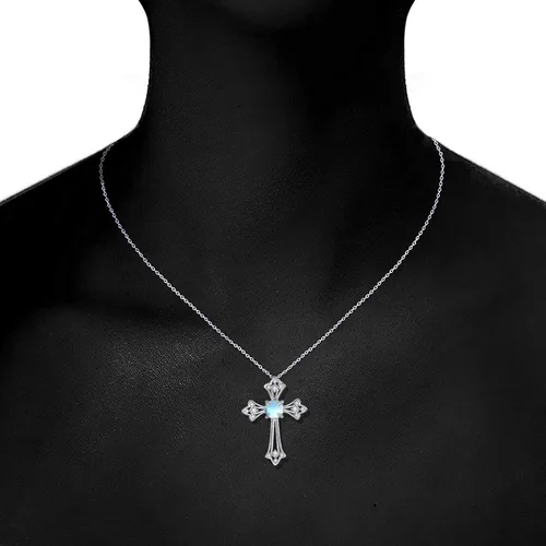 Miniatura 2 de PRAYMOS - Collar de plata de ley 925 con dije de cruz lateral, para mujer, ópalo sintético, cadena de 18 pulgadas y extensor ajustable de 2 pulgadas