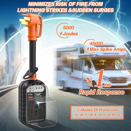 Miniatura 3 de EyGde Protector de sobretensiones para RV de 50 amperios, analizador de circuito RV con cubierta impermeable, protector de voltaje de potencia