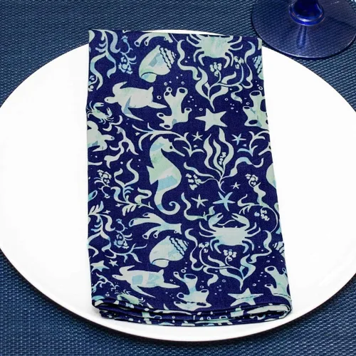 Miniatura 2 de Servilletas de tela con estampado de caballito de mar y conchas de mar azul y verde, juego de cuatro
