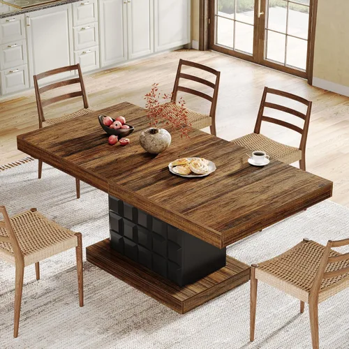 Miniatura 3 de Tribesigns Mesa de comedor de 63 pulgadas para 4-6, mesa rectangular de madera de granja con relieve geométrico, base de pedestal (café y negro)