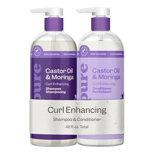Renpure Juego de champú y acondicionador de aceite de ricino y moringa, a base de plantas, mejora de rizos, rizos hidratados, manejables y sin