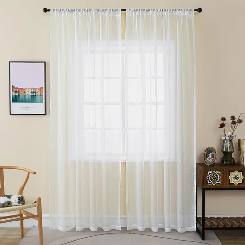 Miniatura 30 de Cortinas plisadas negras traslúcidas de 84 pulgadas de largo, 2 paneles para dormitorio, lino texturizado, ganchos transparentes para pista