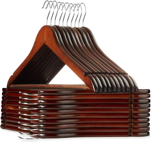 Casafield - 20 Perchas de Traje de Madera de Nogal - Madera de Loto Premium con Muescas y Gancho Giratorio Cromado para Ropa de Vestir, Abrigos,