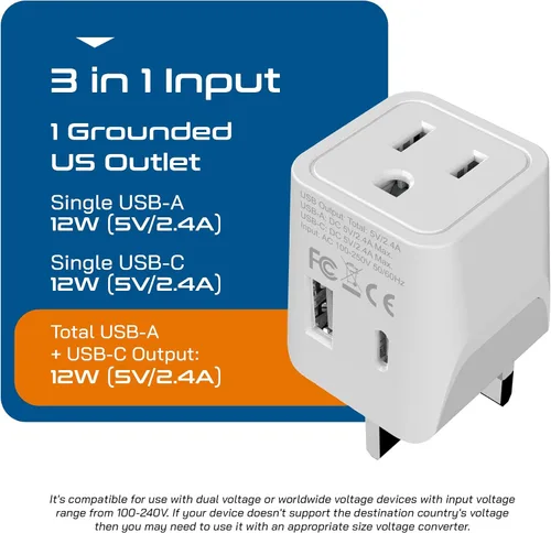 Miniatura 4 de Ceptics Adaptadores británicos para viajes a Londres, Hong Kong, Irlanda - USB-A + USB-C y entrada de Estados Unidos - Adaptador tipo G conectado a