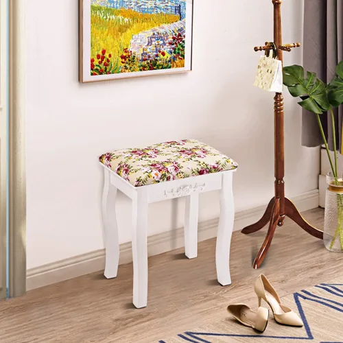 Miniatura 8 de Giantex Taburete de tocador de madera, silla acolchada, asiento de piano de maquillaje, banco de maquillaje con cojín rosa (blanco)