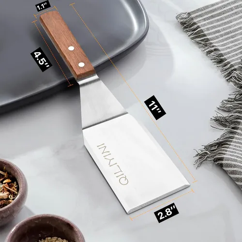 Miniatura 3 de Espátula de acero inoxidable para sartén de hierro fundido, espátula para parrilla con mango de madera, tortitas de metal resistente