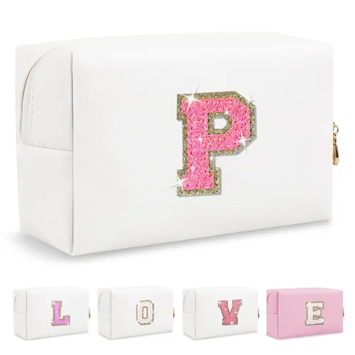 Miniatura 420 de Pequeña bolsa de maquillaje personalizada con inicial A-Z Preppy Patch, bolsa de cosméticos de viaje de felpilla blanca con cremallera, bonita bolsa