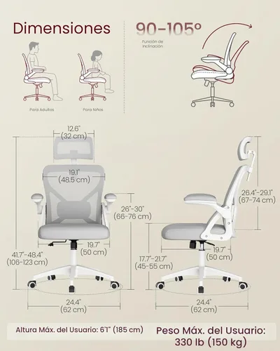 Miniatura 3 de VASAGLE Silla de oficina ergonómica de malla con soporte lumbar ajustable y reposacabezas, función de inclinación de 90-105°, asiento ancho, Gris