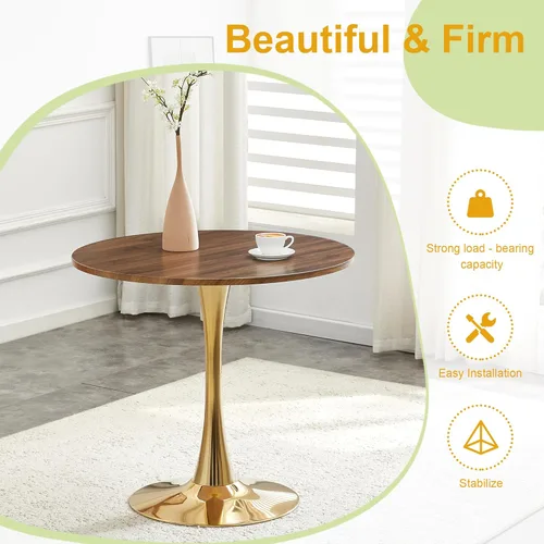 Miniatura 6 de Mesa de comedor redonda de nogal para espacios pequeños, mesas de tulipanes de 32 pulgadas con base de pedestal de metal dorado, mesa de bistró