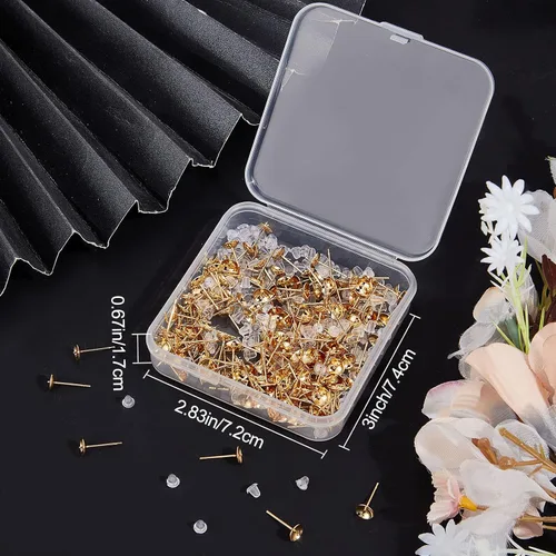 Miniatura 7 de Beebeecraft 1 caja de 200 piezas de aretes de perlas chapados en oro de 24 quilates para cuentas medio perforadas con 200 tuercas de plástico